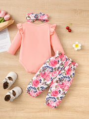 3pcs Baby Girls Letter And Floral Onesie Set