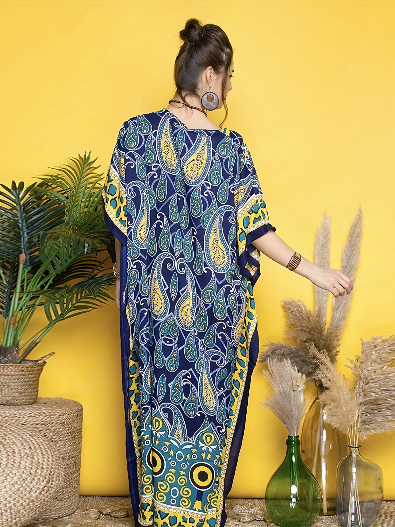  Boho Cover Up African Ethnic Print Bat Sleeve V Neck Split Dress