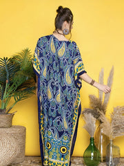  Boho Cover Up African Ethnic Print Bat Sleeve V Neck Split Dress