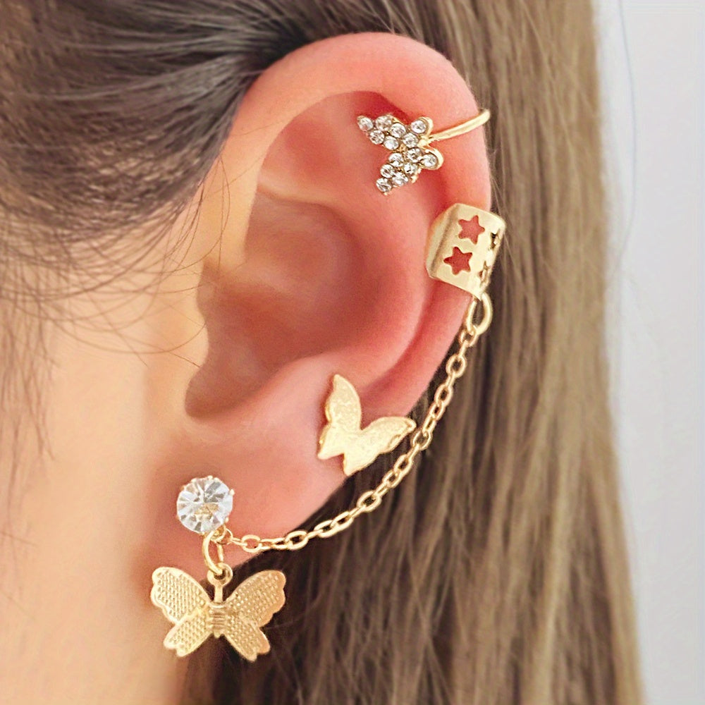 4 Pcs Chain Faux Diamond Butterfly Ear Studs