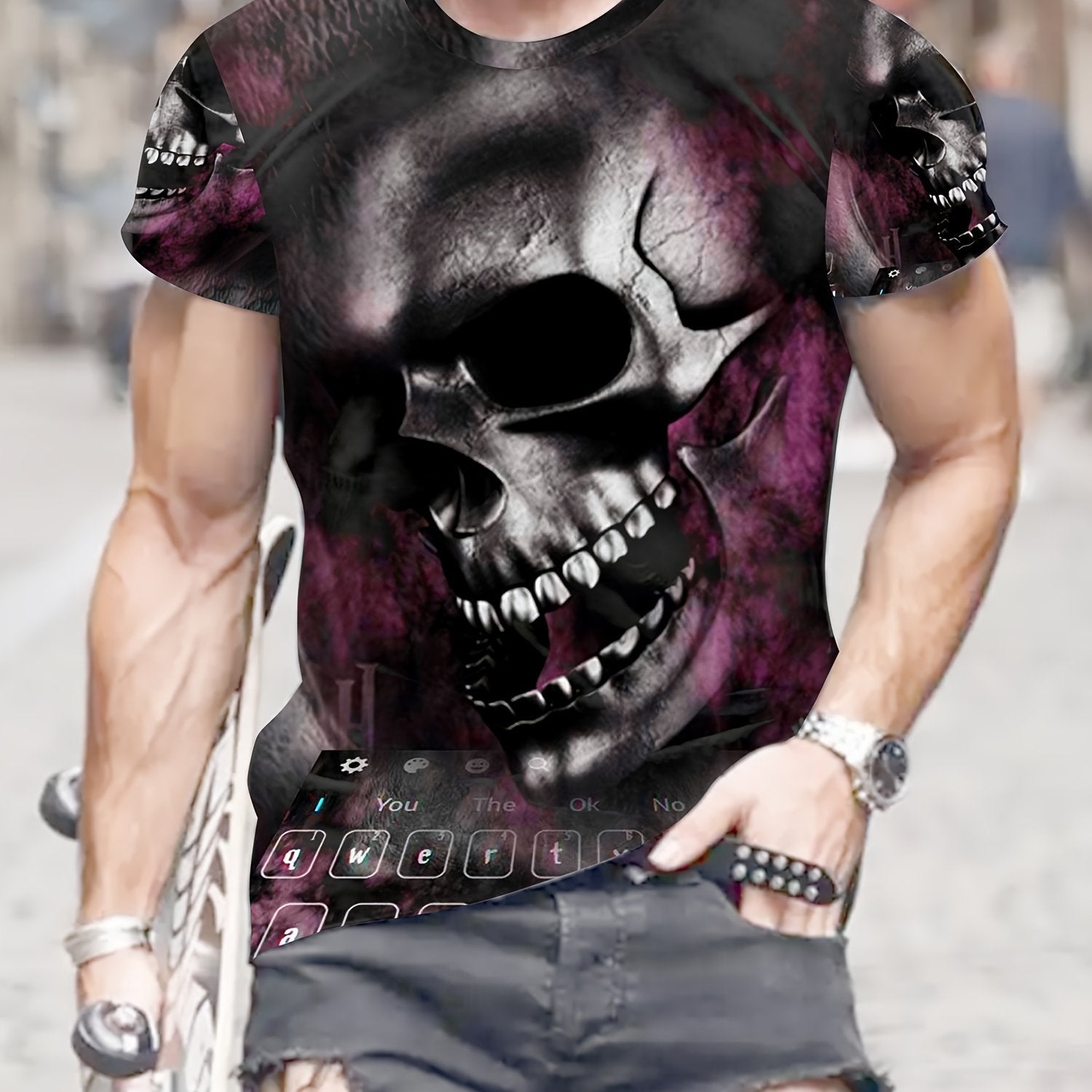 Skull 3D Pattern Print Men's Short Sleeve Graphic Tee