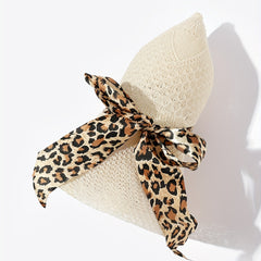 Daisy Embroidery Sun Hat Leopard Ribbon Bow