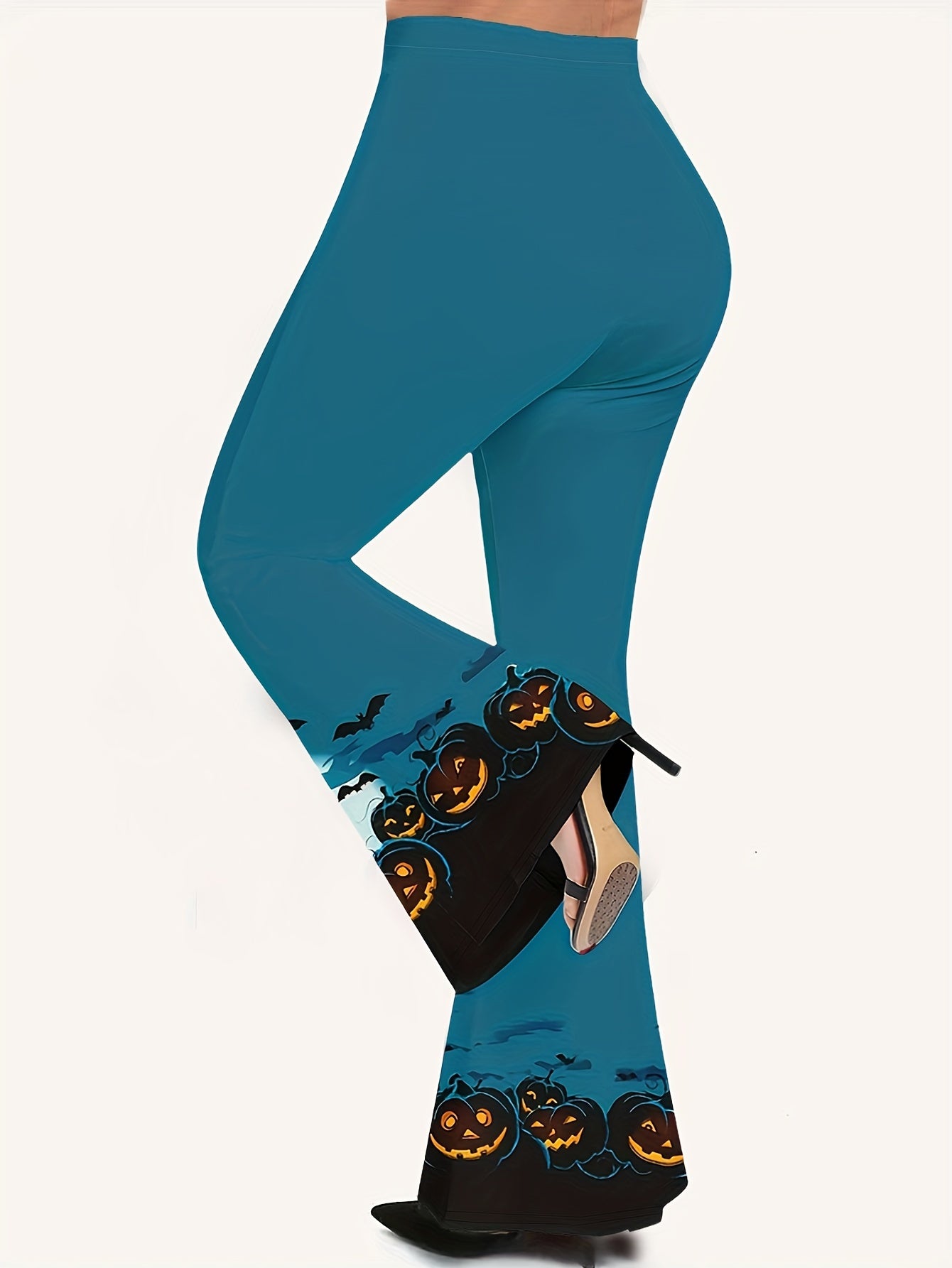 Women's Plus Funny Pumpkin & Bat Print Flare Pants