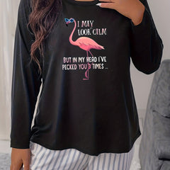  Flamingo Print Long Sleeve Lounge Top