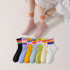 8 Pairs Colorful Stripe Print Ribbed Socks Women's Stockings