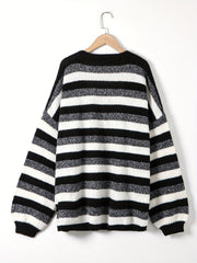  Colorblock Stripe Lantern Sleeve Cardigan