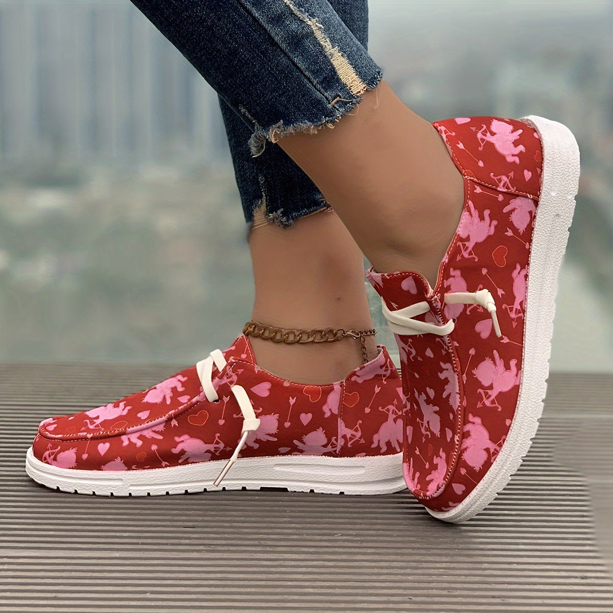 Women's Skateboard Shoes Cupid & Love Pattern Flat Lace-up Canvas