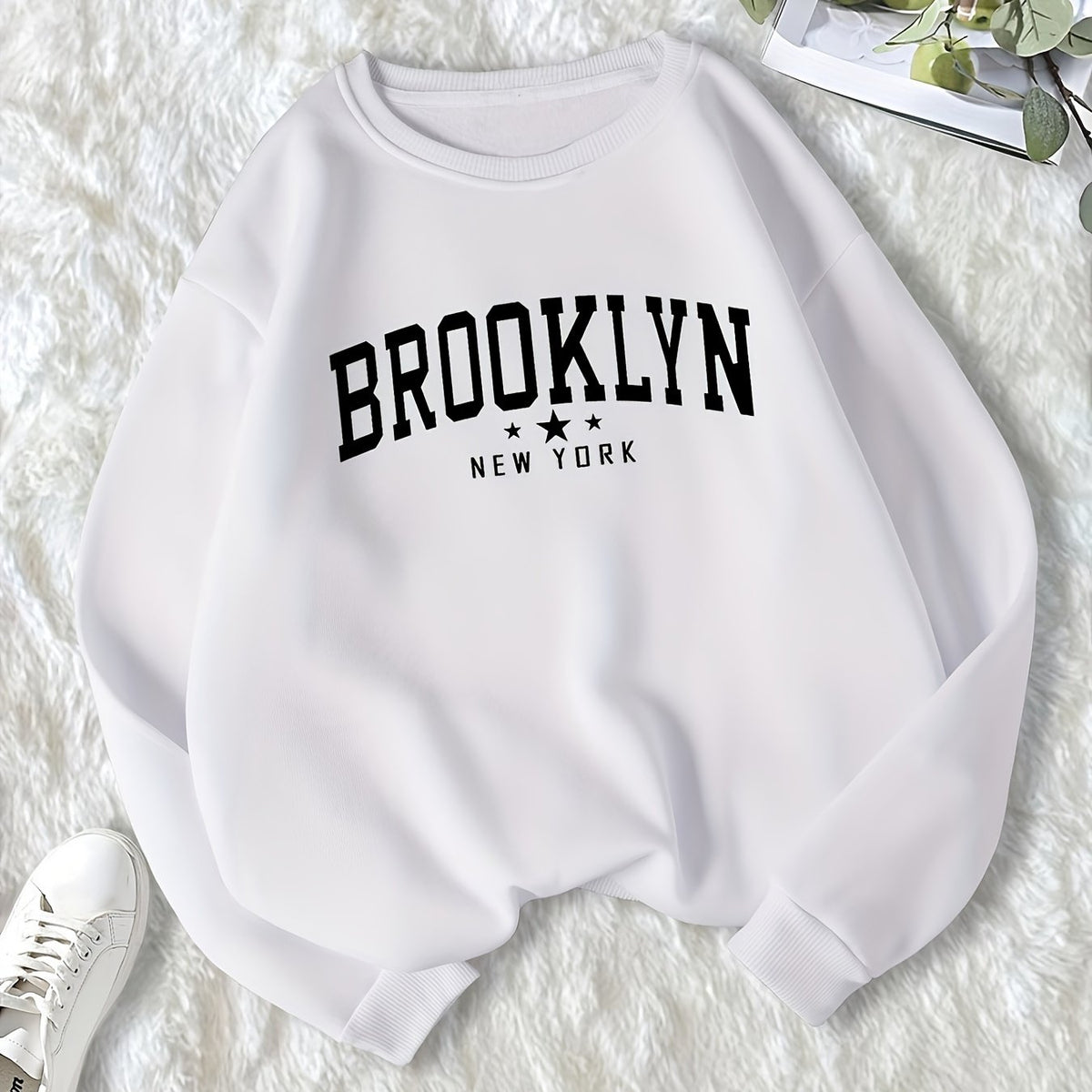 Letter & Star Print Pullover Crew Neck Sweatshirt