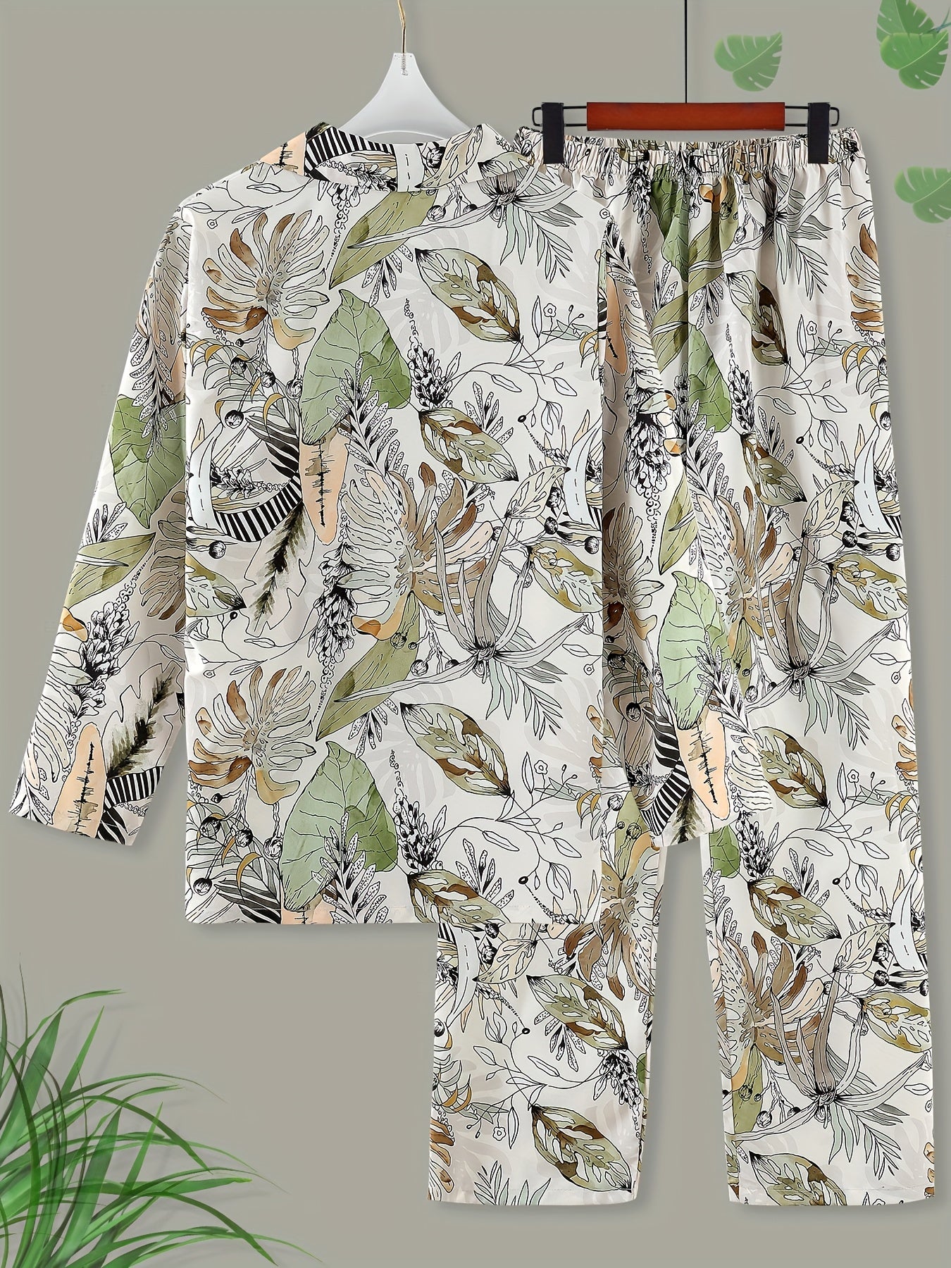 Floral Print Pajama Set Long Sleeve Buttons Top & Elastic Waistband Pants