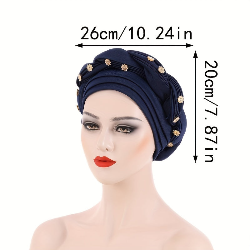 Pleated Turban Cap Flower Decor Twist Head Wrap Elastic Bonnet Beanie Chemo Hats