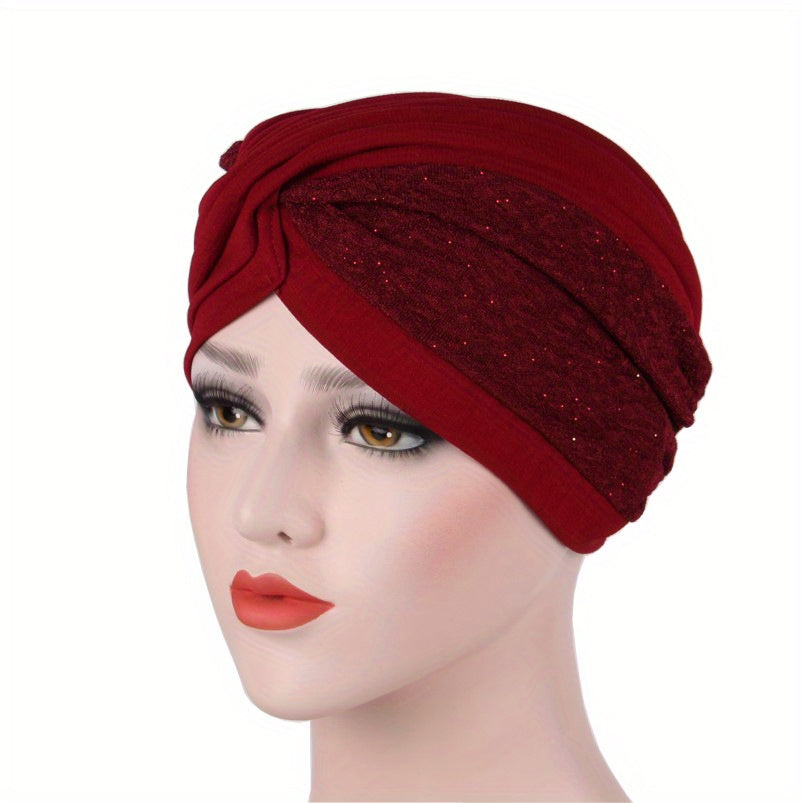 Block Stitching Turban Cap Lace Pleated Head Wrap