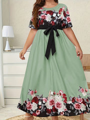  Floral Print Short Sleeve Maxi Dress