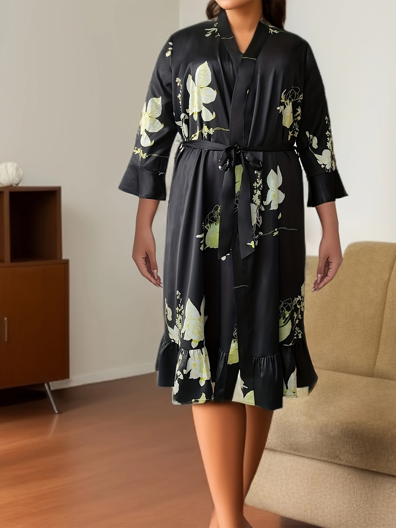  Satin Floral Nightgown with Ruffle Trim