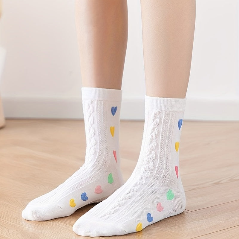 5 Pairs Heart Print Socks Comfy & Breathable Women's Mid Tube Socks