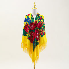 Boho Tassel Shawl Classic Flower Print Square Scarf Vintage Wraps for Women