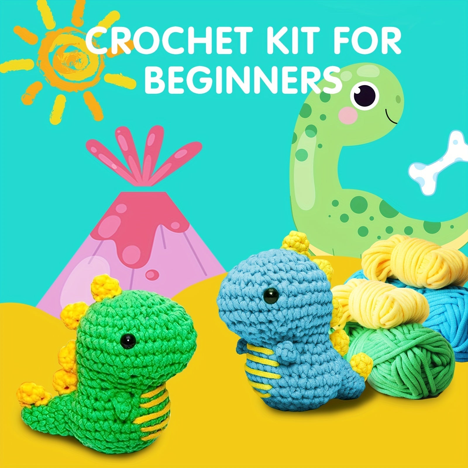Crochet Kit for Beginners - 2 Dinos Easy Yarn Knitting Set with Video Tutorials