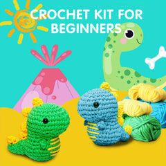 Crochet Kit for Beginners - 2 Dinos Easy Yarn Knitting Set with Video Tutorials