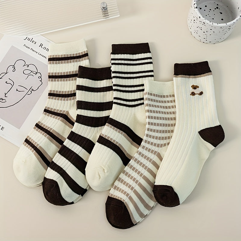 5 Pairs Striped Print Socks Mid Tube Women's Stockings