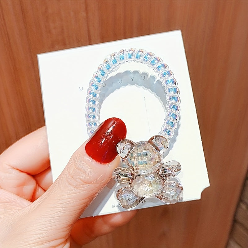 Crystal Bear Decor Spiral Hair Tie Holographic Hair Rope Elastic Ponytail Holder