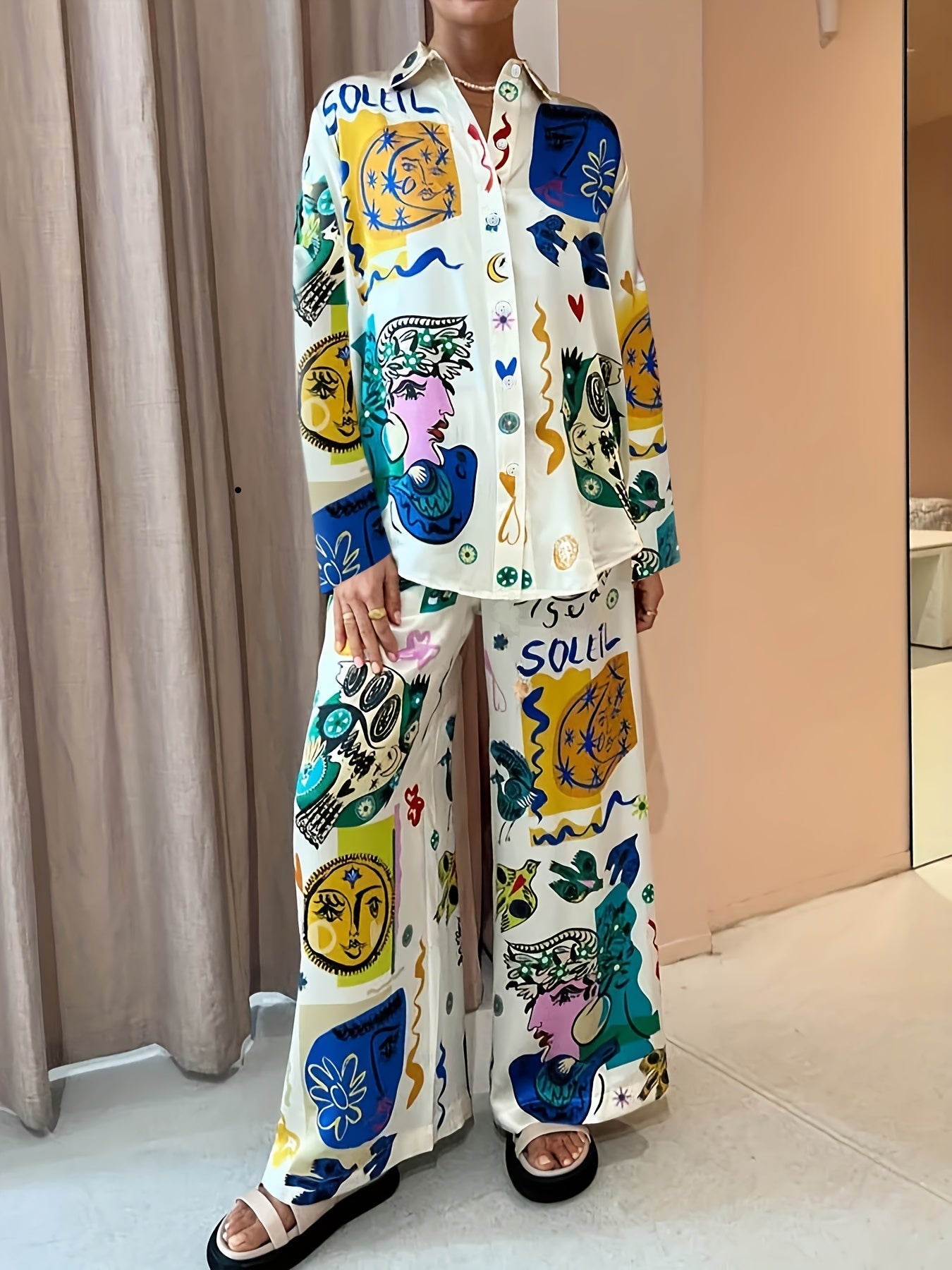 Women's Plus Graffiti Print Long Sleeve Shirt & Pants Set
