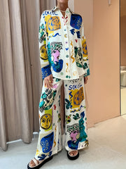 Women's Plus Graffiti Print Long Sleeve Shirt & Pants Set