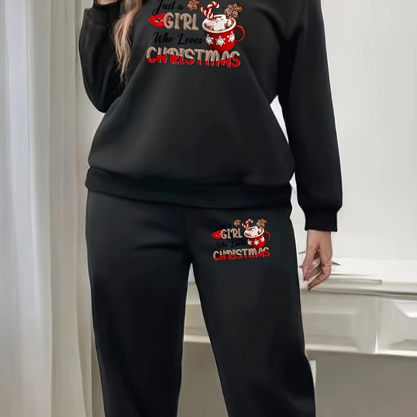 Women's Plus Lollipop & Cup Print Fleece Pullover & Joggers Set