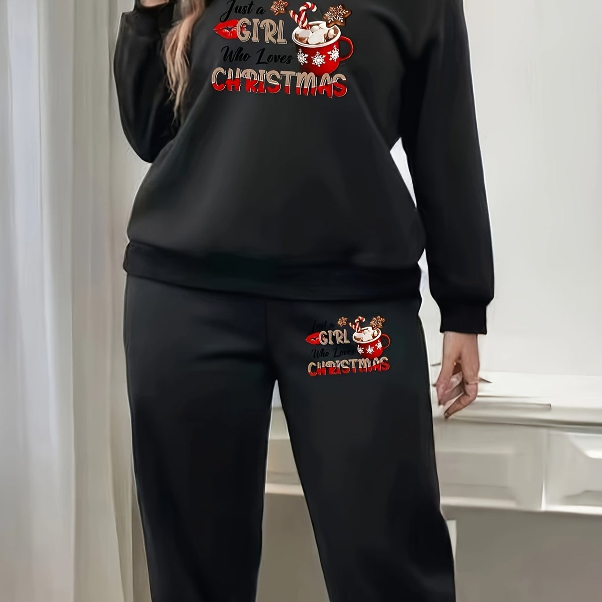 Women's Plus Lollipop & Cup Print Fleece Pullover & Joggers Set