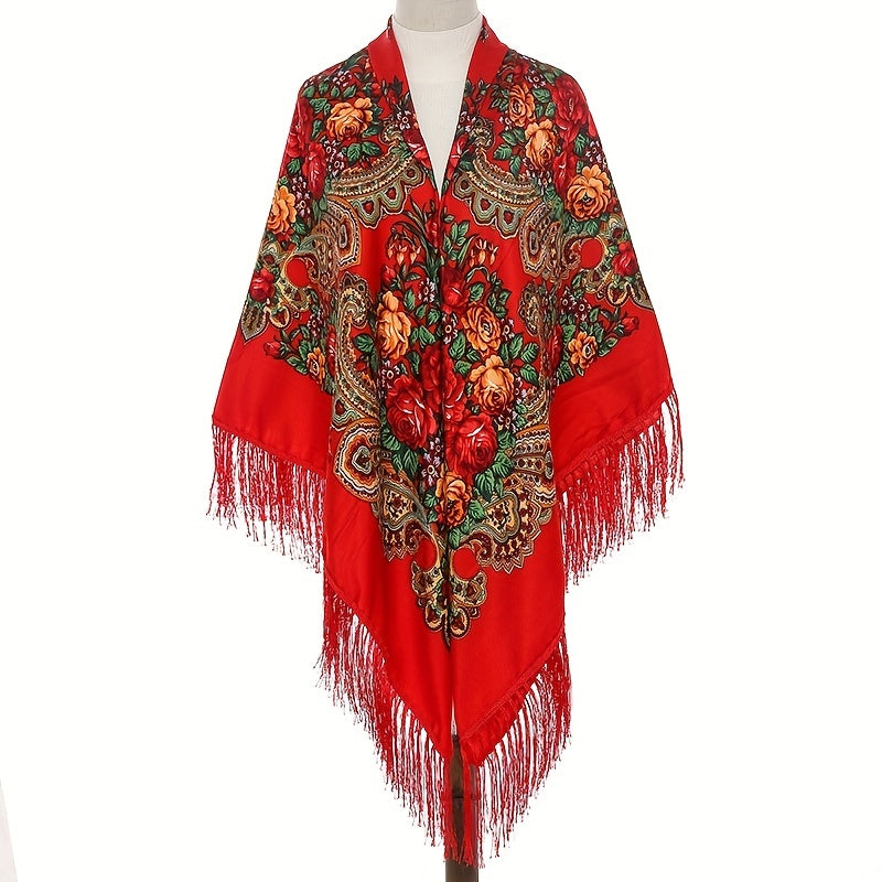 Vintage Flower Print Oversized Shawl with Tassel Wrap