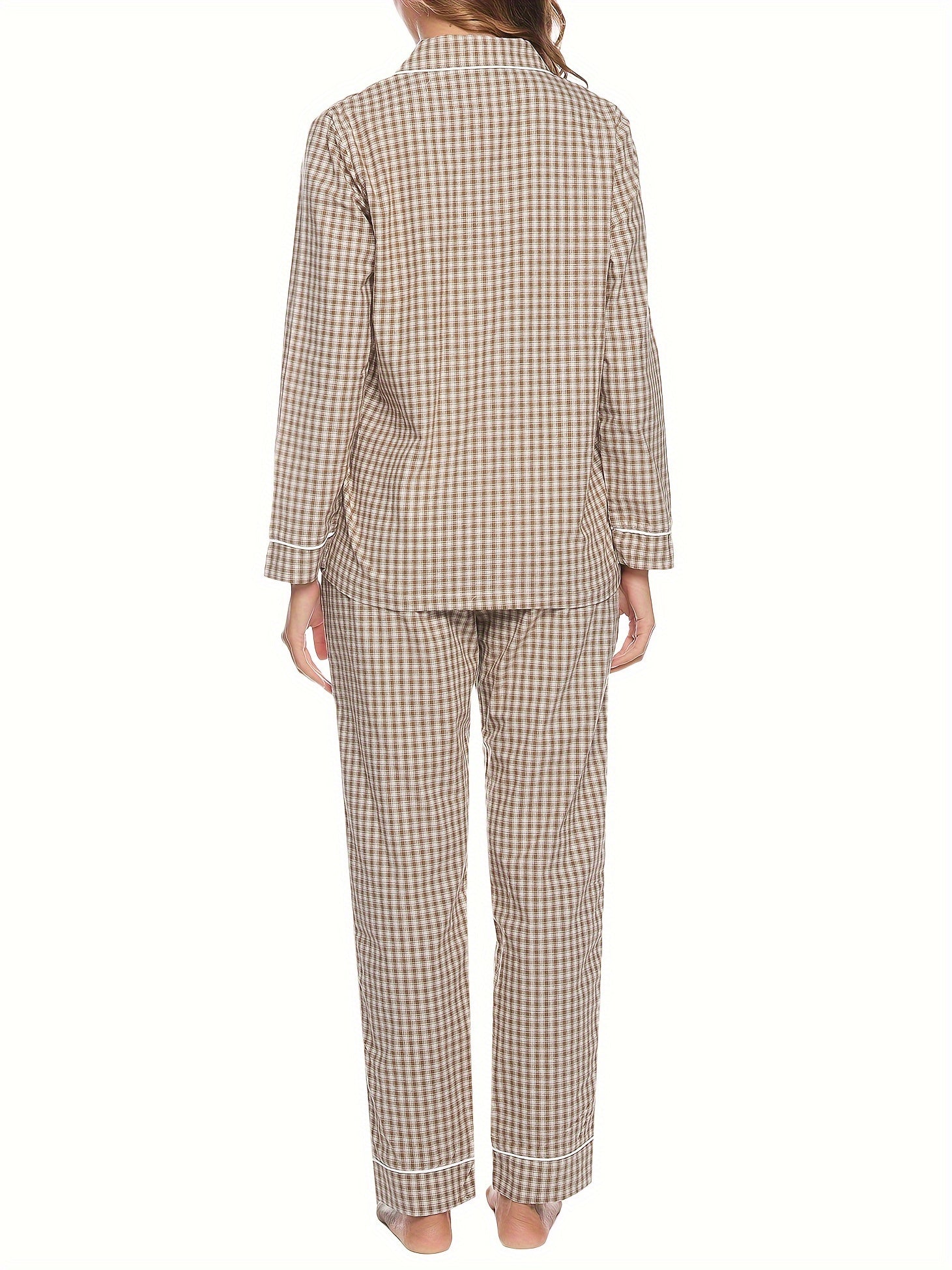 Plaid Print Lounge Set Long Sleeve Buttons Top & Elastic Waistband Pants
