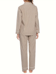 Plaid Print Lounge Set Long Sleeve Buttons Top & Elastic Waistband Pants