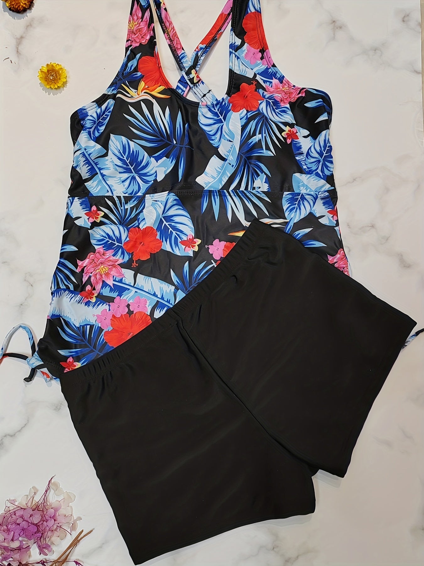  Tropical Print Tankini Set with Drawstring Top & Shorts