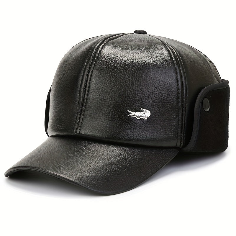 Men's Winter Ear Protection Fleece Leather Hat Outdoor Ski Cap