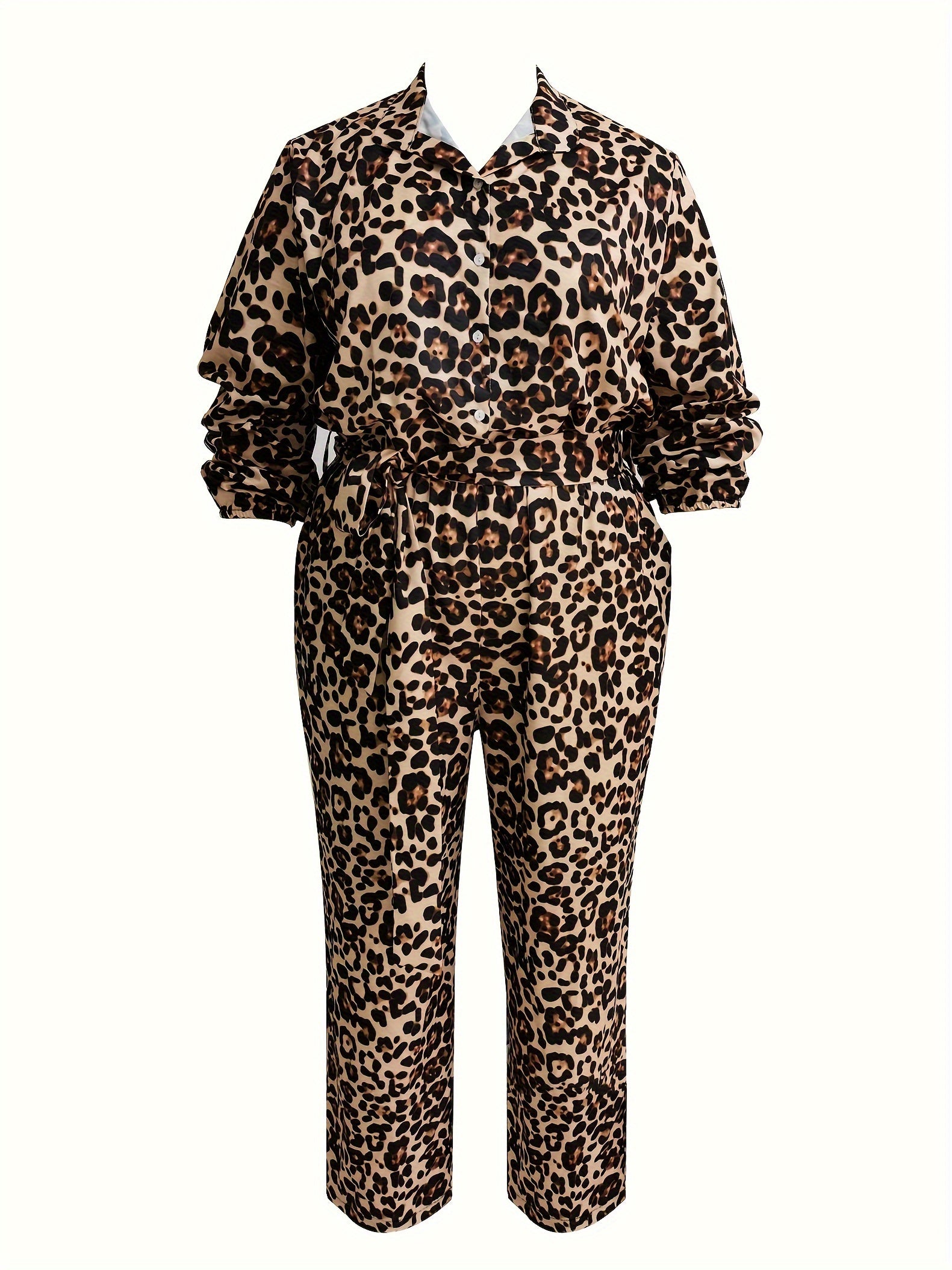  Leopard Print Button Up Jumpsuit with Belt