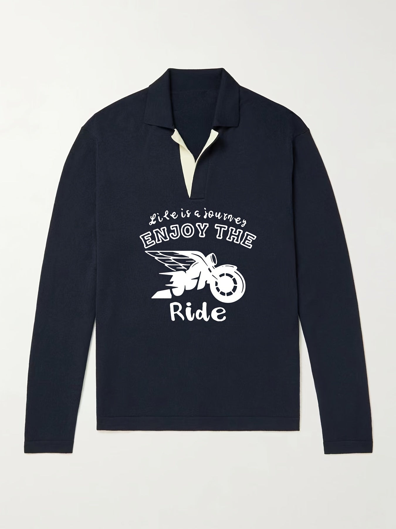 Men's Motorcycle Pattern Knit Polo Shirt V Neck Pullover Sweater