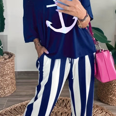  Anchor Print Crew Neck Tee & Striped Pants Outfits
