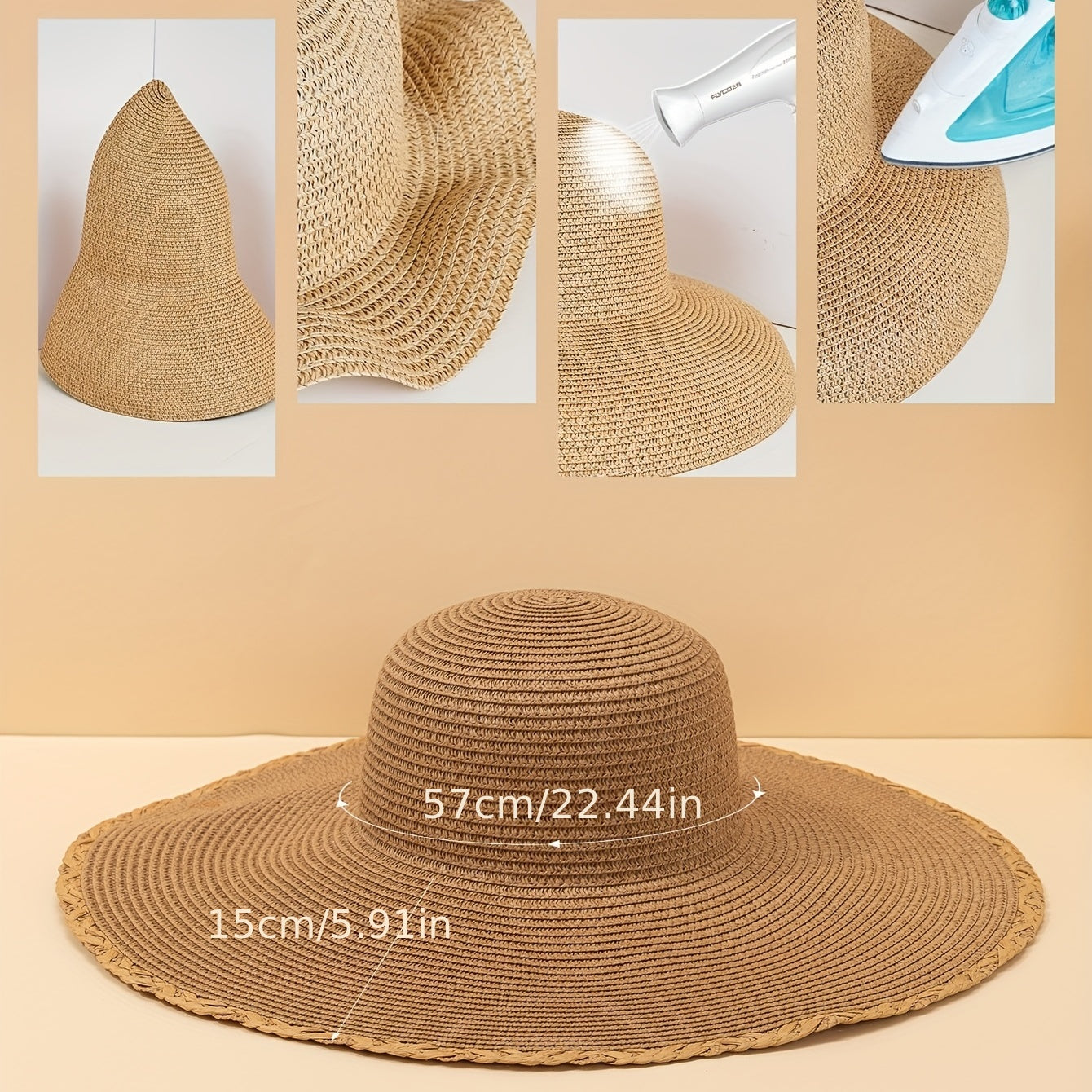 Khaki Wide Brim Sun Hat Straw Hat Floppy Sunscreen UV Protection