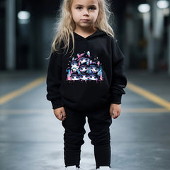 Disco Kitty Print Girls Hoodies Jogger Pants Set for Sports Spring Fall
