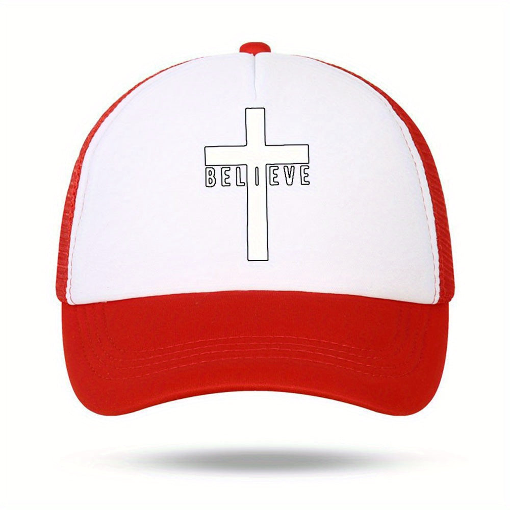 Men's Cross Believe Print Outdoor Sun Hat Breathable Net Baseball Cap