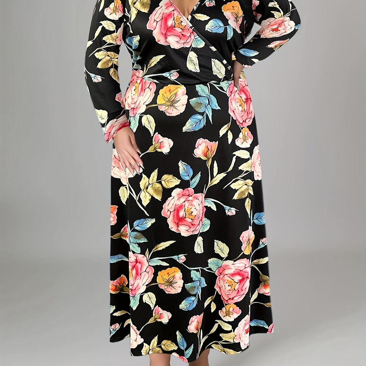 Floral Print Maxi Dress Long Sleeve Surplice Neck Plus Size