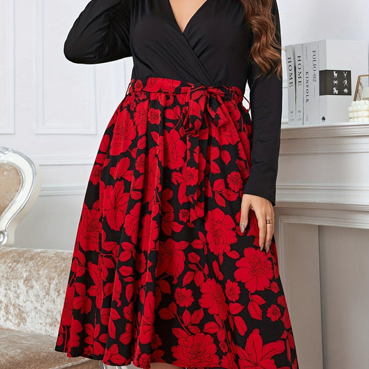  Floral Print Long Sleeve Dress With Belt