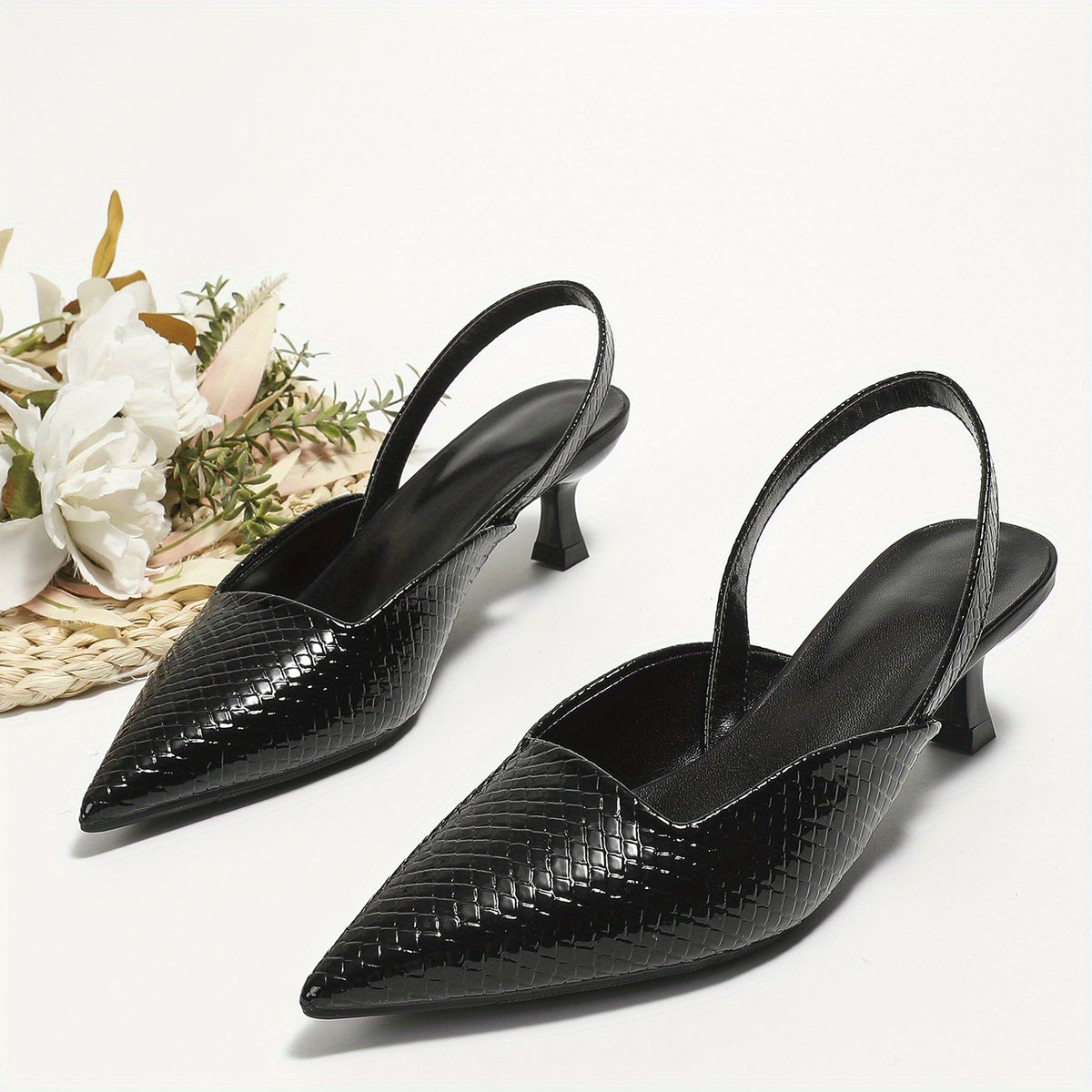 Women's Snakeskin Kitten Heels Pointed Toe Slip On Sandals Slingback Low Heels