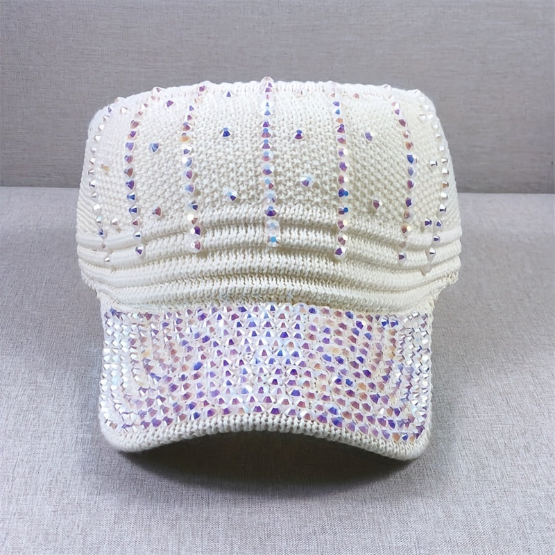 Rhinestone Visor Hat UV Protection Wide Brim Beach Cap