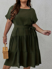  Women's Solid Batwing Ruffle Trim Dress