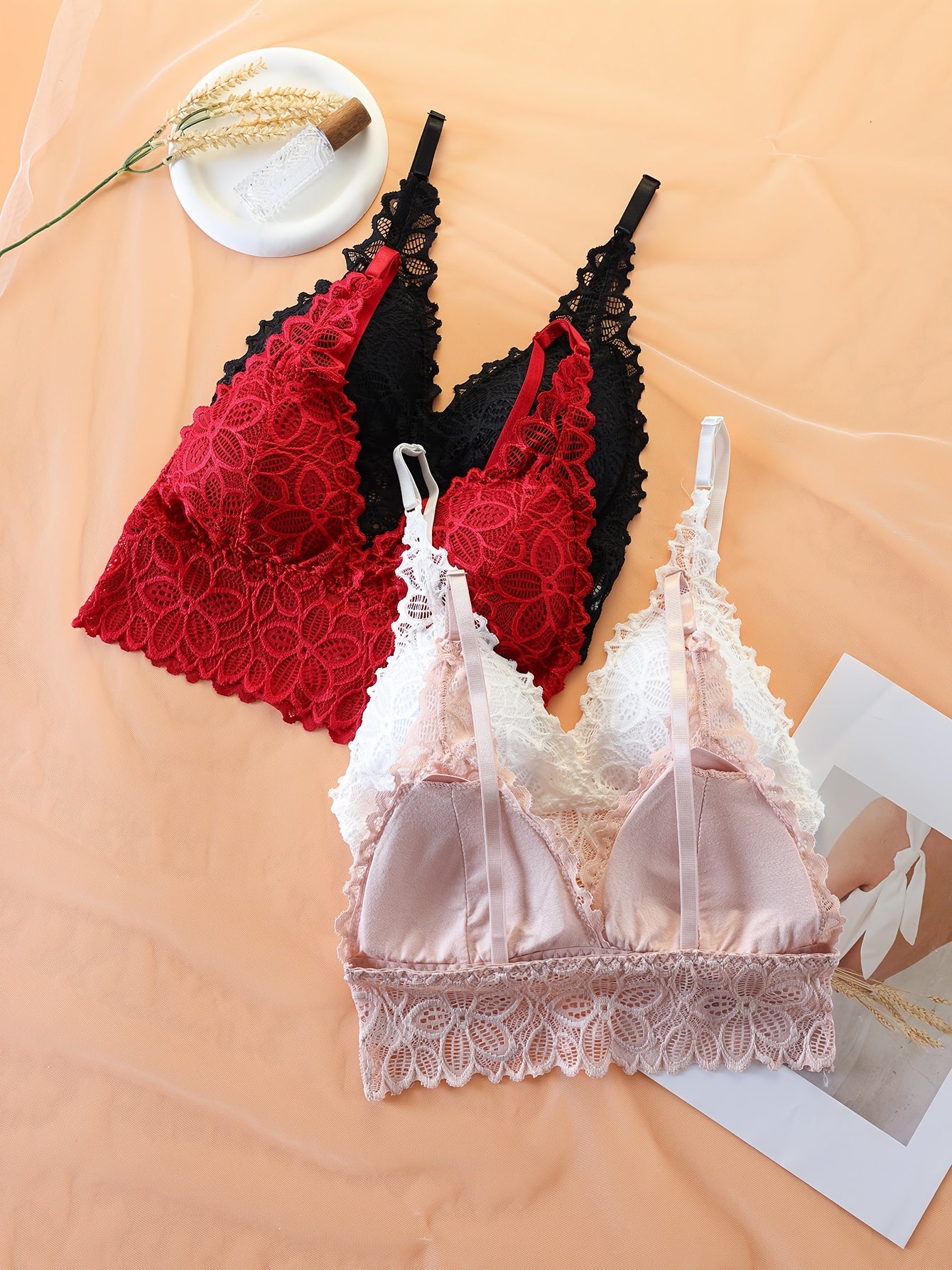 4pcs Comfy Wireless Push Up Bra Set Lace Contrast Women's Lingerie