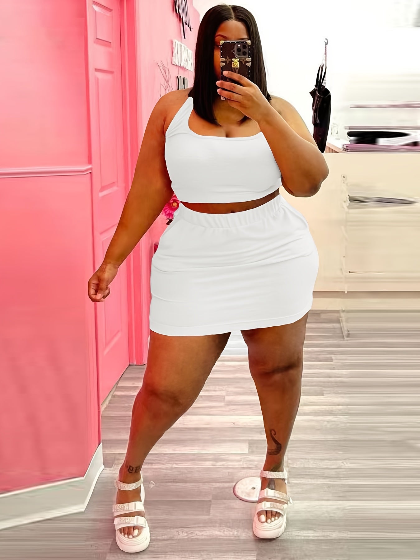  Solid Halter Neck Cami Top & Mini Skirt Set