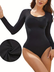 Solid Shaping Bodysuit Tummy Control Butt Lifting Long Sleeve Body Shaper