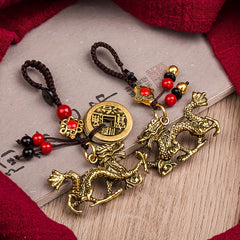Vintage Zodiac Dragon Fengshui Coin Keychain Brass Car Key Chain