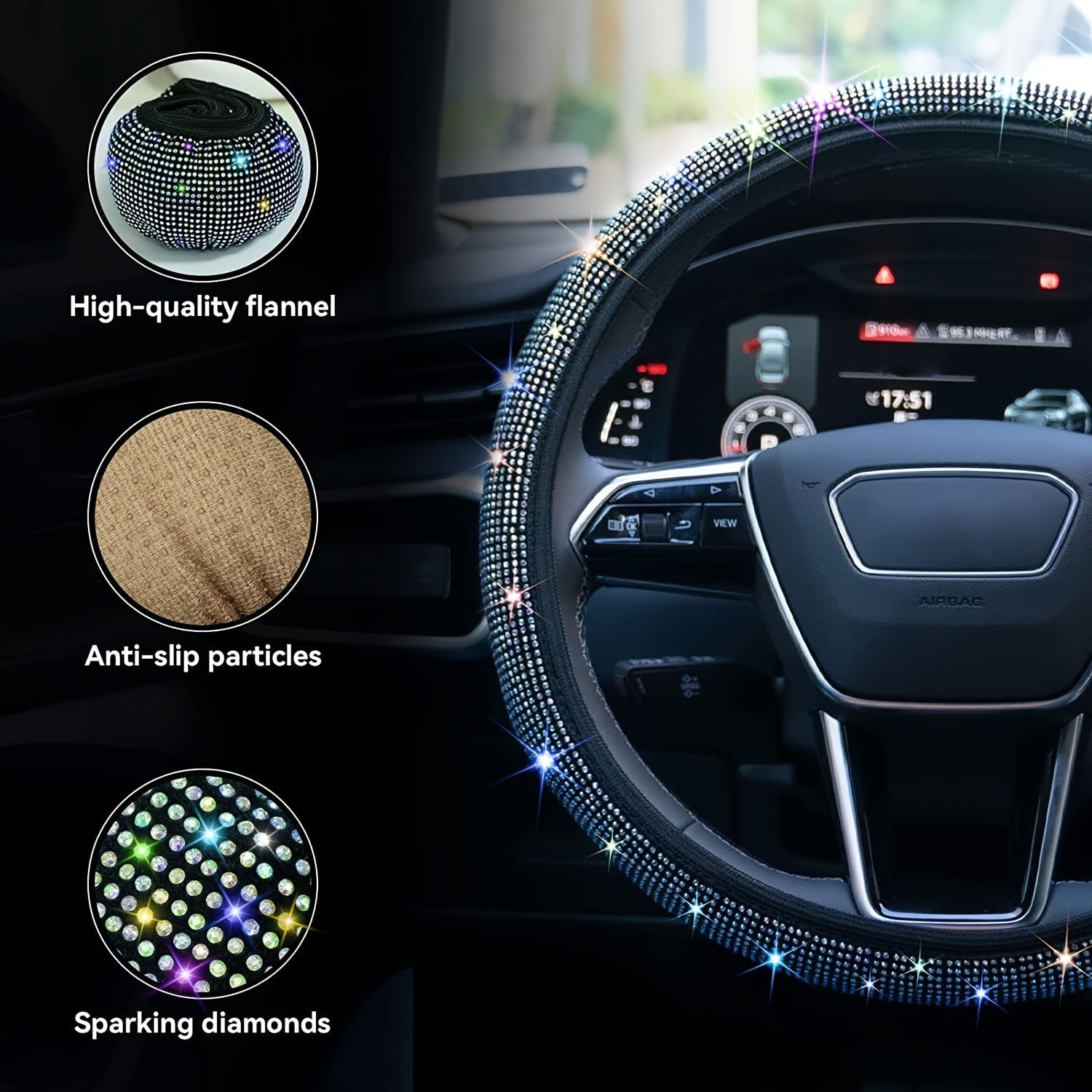 Crystal Diamond Steering Wheel Cover Safe Bling Car Accessory