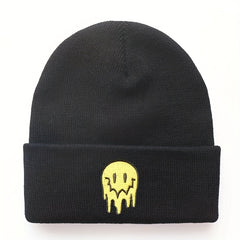 Ear Protection Knit Beanie Hat With Melting Smiley Face Embroidery
