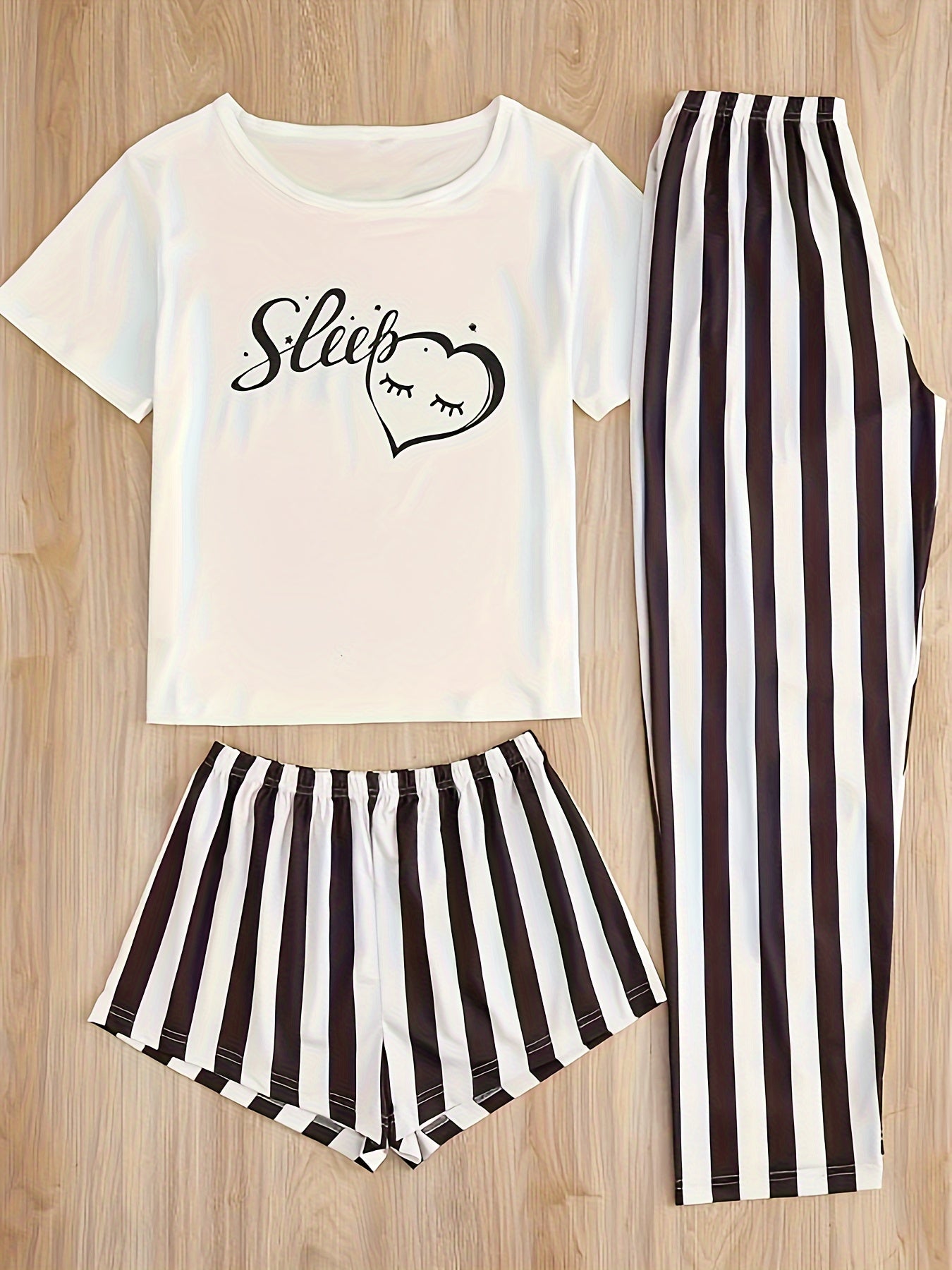  Casual Loungewear Set Women's Plus Graphic Tee & Stripe